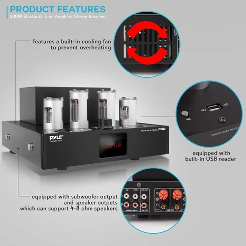 Miniatura 6 de Pyle Receptor Amplificador Bluetooth de Tubo - 500W Amplificador de Potencia de Tubo al Vacío Hi-Fi para Teatro en Casa Audio de Escritorio Estéreo
