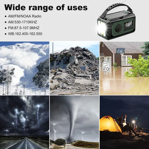 Miniatura 6 de Radio de emergencia de 44400 mWh/12000 mAh, radio solar portátil con manivela AM/FM/NOAA Radio meteorológica con 2 paneles solares, 3 métodos