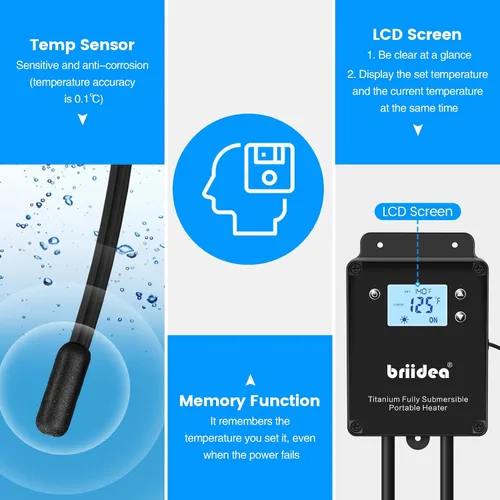 Miniatura 4 de Briidea Calentador de inmersión de titanio de 1500 W, calentador de agua sumergible portátil con sensor anticorrosión y termostato, calentamiento