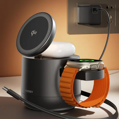 THREEKEY Estación de carga inalámbrica magnética Qi2 4 en 1, cargador rápido de 15 W con módulo de carga hecho para Apple Watch, para iPhone 17-12