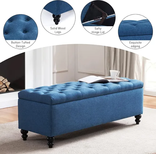 Miniatura 6 de HUIMO Otomana con almacenamiento, banco de tela tapizado azul de 51 pulgadas con diseño de extremo de cama con botones, capacidad de peso de 300