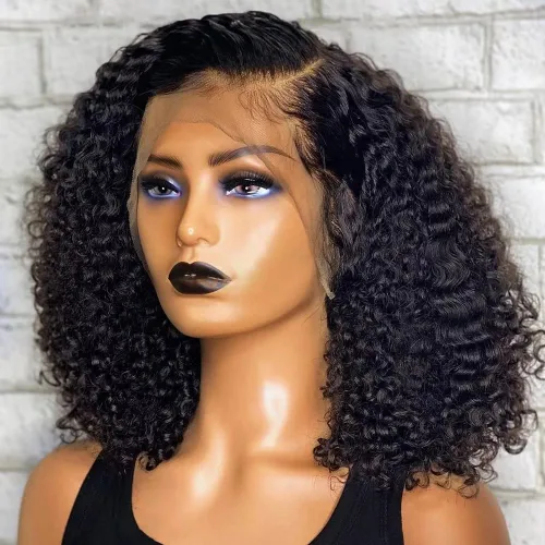 Peluca de cabello humano corto rizado de 13 x 6 pulgadas, densidad del 180 %, cabello humano virgen brasileño prearrancado con abuelitos, color