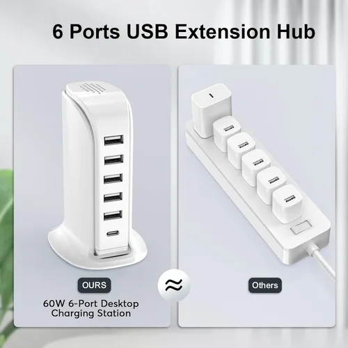 Miniatura 3 de Estación de carga para múltiples dispositivos Upoy, torre de hub USB multi con 5 USB+1 puertos tipo C, bloque de cargador USB C de carga rápida