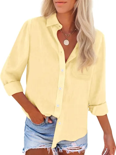 Miniatura 23 de Camisas de algodón con botones, para mujer, camisas de vestir Oxford, camisas de trabajo de manga larga, blusas con cuello y bolsillo