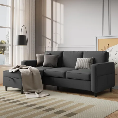 Miniatura 11 de Sofá modular de 78 pulgadas para sala de estar, sofá azul en forma de L con otomana de almacenamiento, asiento profundo, juego de sofá de tela