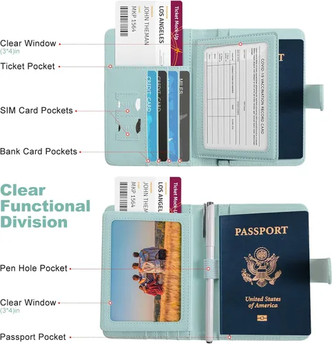 Miniatura 2 de Foreate Cartera para pasaporte con cremallera, cartera de viaje con ventana de identificación, funda de pasaporte, tarjetero con bloqueo RFID, Verde