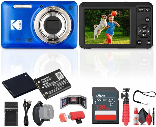Kodak Pixpro FZ55 - Cámara digital (azul) El paquete incluye: tarjeta de memoria de 128 GB, batería recargable, cargador de batería, trípode
