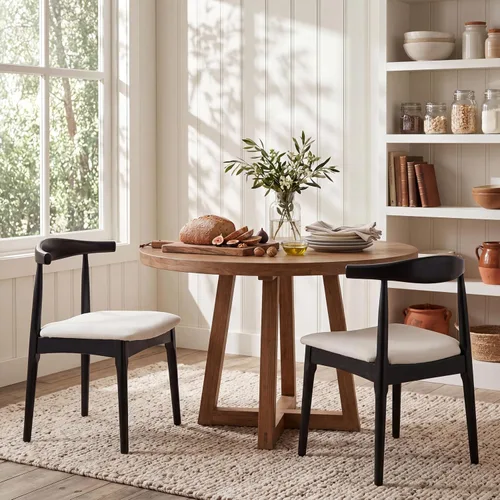ROCITY Juego de 2 sillas de comedor negras de madera con cojín de tela de lino y respaldos de barril, sillas de comedor modernas de mediados de siglo