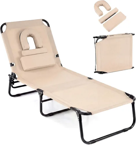 Giantex Silla bronceadora, silla de patio ajustable con orificio para la cara, almohadas extraíbles, correa de transporte, silla de diseño, silla