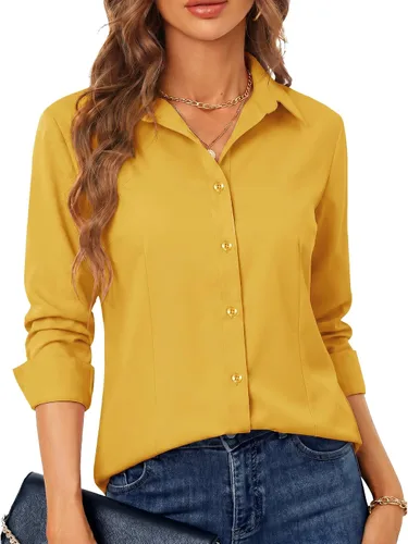 Miniatura 36 de BBIBBI Camisa de vestir elástica de manga larga con botones para mujer, blusa de trabajo casual de negocios (clásica, recortada y alta)