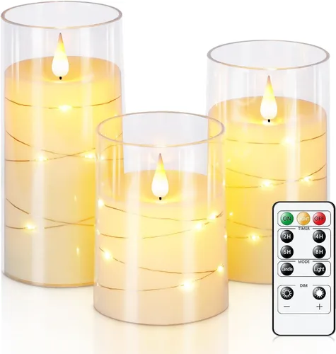 Homemory Velas parpadeantes sin llama con tira de luces, velas que funcionan con pilas, luces LED de cadena integradas, vela de plexiglás irrompible