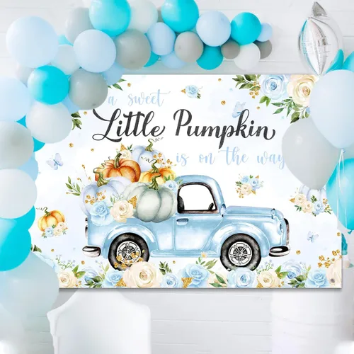 Miniatura 6 de Fondo de decoración de baby shower con diseño de calabaza pequeña para niño, A Sweet Little Pumpkin is On The Way Fall Blue Floral Truck Fotografía