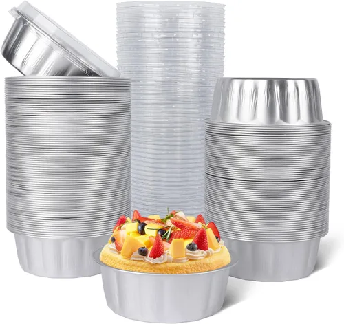 Miniatura 41 de Beasea Ramequines con tapas, 8oz 50 unidades de tazas de aluminio desechables para hornear, tazas de papel de aluminio plateado para creme brulee