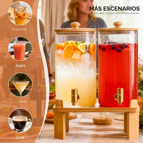 Miniatura 7 de Paquete de 2 dispensadores de bebidas de vidrio de 1.5 galones para fiestas, dispensador de bebidas con soporte de madera, dispensadores de agua