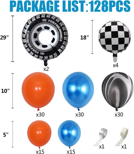 Miniatura 2 de VitaCraft Kit de guirnalda de arco de globos de coche de carreras, 128 piezas de arco de globos de mármol naranja, azul y negro, globos de aluminio