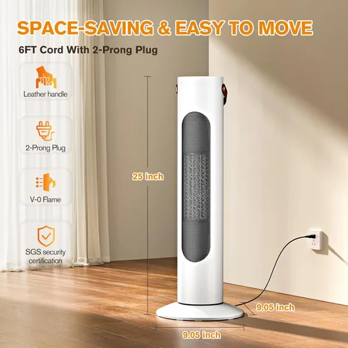 Miniatura 7 de Calentadores eléctricos para uso en interiores, 25 pulgadas, calentador de torre 2 en 1 y ventilador, oscilación de 70°, calentamiento instantáneo