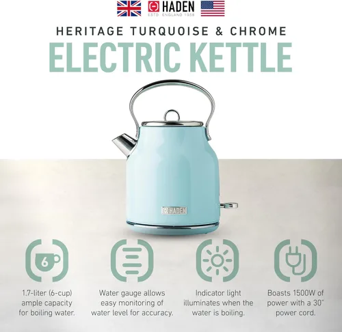 Miniatura 3 de Haden Heritage - Hervidor de agua eléctrico de acero inoxidable de 1,7 litros, hervidor de agua caliente con base de 360 grados y apagado Turquesa