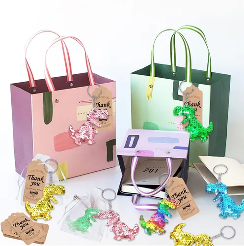 Miniatura 2 de CiciBear Paquete de 60 juegos de fiesta de dinosaurio de doble cubierta con lentejuelas con 20 llaveros, 20 etiquetas de agradecimiento y 20 bolsas
