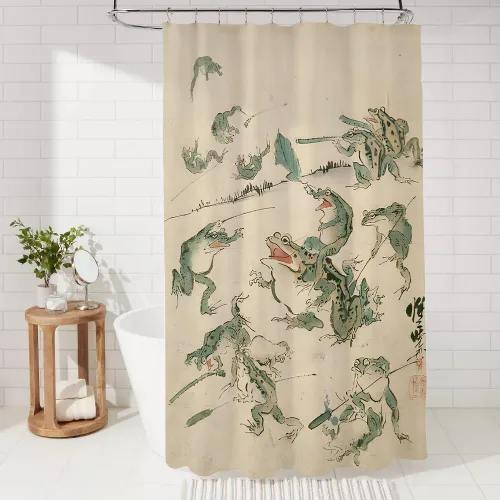 Miniatura 3 de Juego de cortinas de ducha japonesas retro con diseño divertido de la batalla de las ranas, cortina de arte asiático para baño, impermeable, de tela