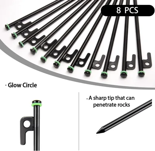 Miniatura 5 de Estacas para Tienda de Campaña Resistentes de 12 Pulgadas, 8 PIEZAS Clavijas para Tienda de Campaña de Metal + Anillos de Silicona Fluorescentes +