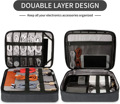 Miniatura 3 de HOLIMET Bolsa organizadora de cables, bolsa de accesorios electrónicos, doble capa para viajes, bolsa organizadora de almacenamiento de cables