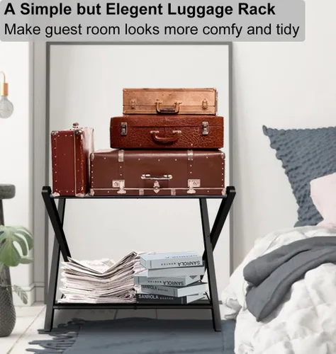 Miniatura 7 de Portaequipajes plegable para habitación de invitados, soporte plegable de metal para maleta con estante de metal para dormitorio, negro, paquete de 1