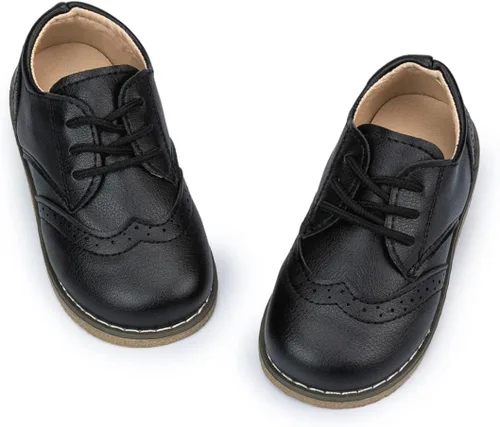 Miniatura 31 de KIDSUN Zapatos de vestir para niño y niña, cómodos zapatos Oxford con cordones para uniforme escolar, mocasines planos (bebé/niño pequeño) E-negro