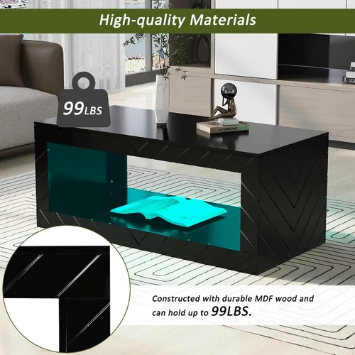 Miniatura 6 de LUMISOL Mesa de centro LED con almacenamiento abierto, moderna mesa de centro de alto brillo con 16 luces LED de colores, mesa central rectangular