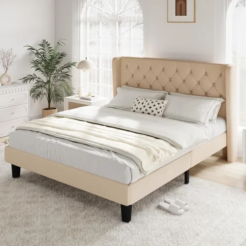 Allewie Base de cama de tamaño matrimonial con cabecera copetuda con botones en la parte trasera, marco de cama tapizado moderno con soporte de
