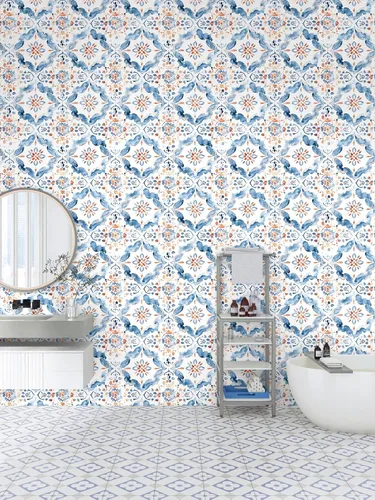 Miniatura 4 de HAOKHOME Papel tapiz geométrico para despegar y pegar, diseño de damasco floral azul/blanco/rojo, papel de pared extraíble, decoración moderna