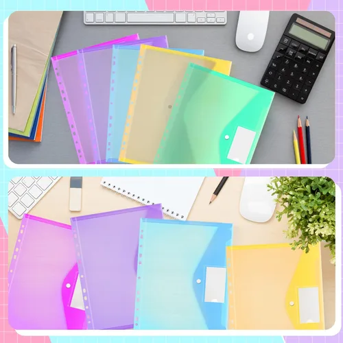 Miniatura 6 de Fuutreo 5 Pcs Binder Pockets for 3 Ring Plastic Envelopes Pocket Folders 11 Hole Snap Button Binder Pouch with Label Expandable Organizer for 2/3/4