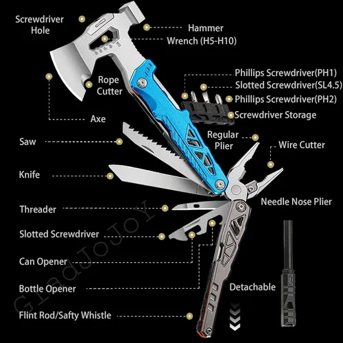 Miniatura 2 de Hacha de camping multiherramienta 17 en 1, plegable para acampar esenciales, equipo de supervivencia con cuchillo, llave ajustable, martillo