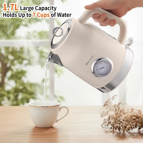 Miniatura 5 de Hervidor eléctrico retro de 1.7L, hervidor de té de acero inoxidable 304 con medidor de temperatura, hervidor de agua de ebullición rápida de 1500W