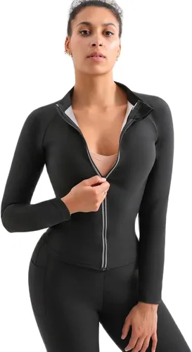 Miniatura 3 de Traje de sauna, chaqueta moldeadora de cuerpo de sudor caliente, entrenador de cintura, manga larga, con cremallera, camiseta de entrenamiento Negro