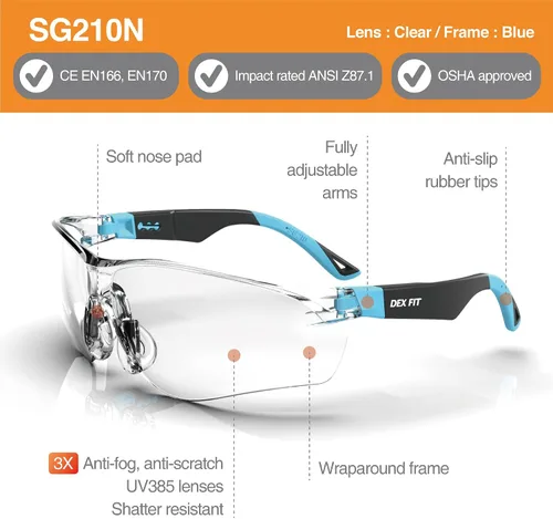 Miniatura 2 de DEX FIT Gafas de seguridad SG210N – Antivaho y resistentes a los arañazos Z87.1 protección ocular, patillas ajustables y agarre antideslizante