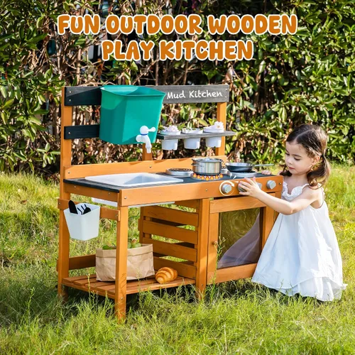 Miniatura 4 de ROBUD Cocina de Barro para Niños al Aire Libre, Cocina de Juego de Madera al Aire Libre, Cocina de Barro para Niños con Fregadero y Grifo