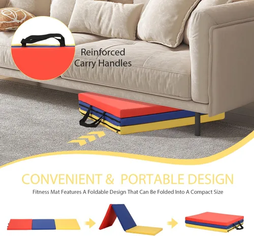 Miniatura 5 de Colchoneta de gimnasia para acrobacias, plegable, tapete de ejercicio para niños, adultos, tapete de yoga de piel sintética con asas de transporte