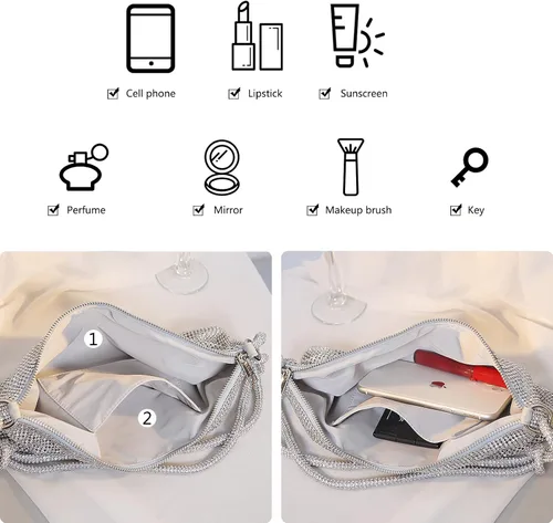 Miniatura 5 de CORIOS Bolso de noche con diamantes de imitación para mujer, bolso de mano de cristal brillante con lentejuelas brillantes, bolso de boda brillante
