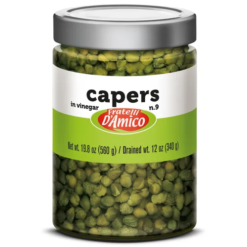 FRATELLI D'AMICO Alcaparras italianas #9 de alta calidad en salmuera, sin OMG, producto de Italia, peso neto: 19.5 onzas, peso drenado: 12 onzas