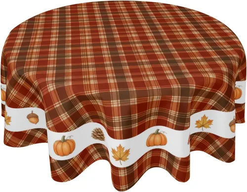 Fall Tablecloth Round 60 Inch Autumn Thanksgiving Table Cloths Circle Pumpkin Buffalo Plaids Table Cloth Rustic Farmhouse Tablecloth for Holiday