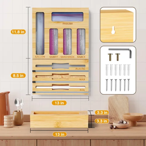 Miniatura 3 de DALSHABET Organizador de cajones con bolsa de almacenamiento de bambú 9 en 1 con cortador, dispensador de papel de aluminio y envoltura de plástico