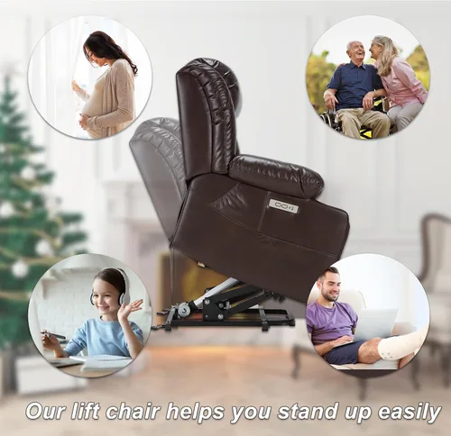 Miniatura 5 de Silla reclinable grande de cuero para personas mayores con función de masaje y calefacción, silla convertible Lazy Boy con portavasos, puertos USB