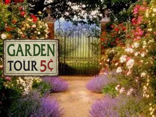 Miniatura 5 de Letrero de metal para jardinería al aire libre, Garden Tours 5 centavos, letrero de bienvenida retro de colibrí, letrero decorativo de flores