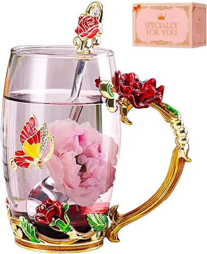 Regalos de Cumpleaños para Mujeres, Taza de Té de Vidrio con Flor de Mariposa Esmaltada Taza de Café Roja Rosa, Regalos Lindos para Mamá Abuela Rojo