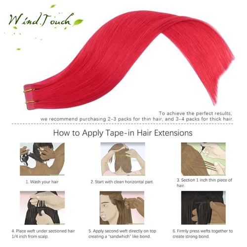 Miniatura 2 de WindTouch Extensiones de cabello humano con cinta adhesiva, color rojo, 20 unidades, 14 pulgadas, #rojo, 1.06 oz