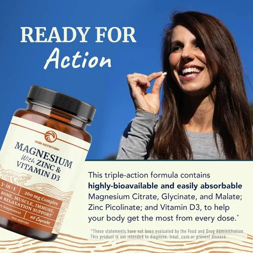 Miniatura 7 de Magnesio Zinc y Vitamina D3 Complejo de 260MG Citrato Mag de alta absorción, glicinato y malato Soporte para la salud muscular, función