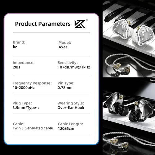 Miniatura 7 de KZ Axas - Monitores intrauditivos con cable para juegos, IEM de aislamiento de ruido, sonido de baja distorsión y audio espacial, auriculares FPS