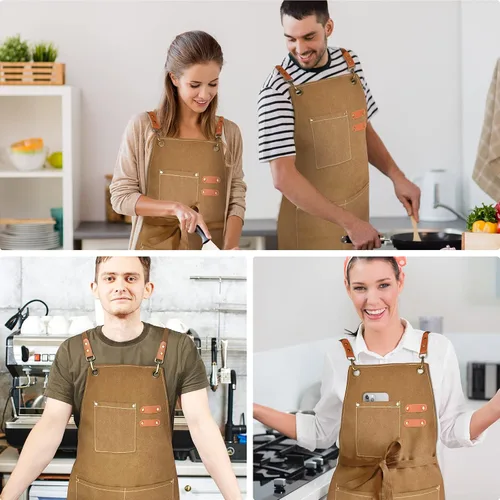Miniatura 6 de OUNLEN Delantal de Chef para Hombres y Mujeres de Lona con 3 Bolsillos, Delantal Resistente de Trabajo con Espalda Cruzada para Cocinar Amarillo