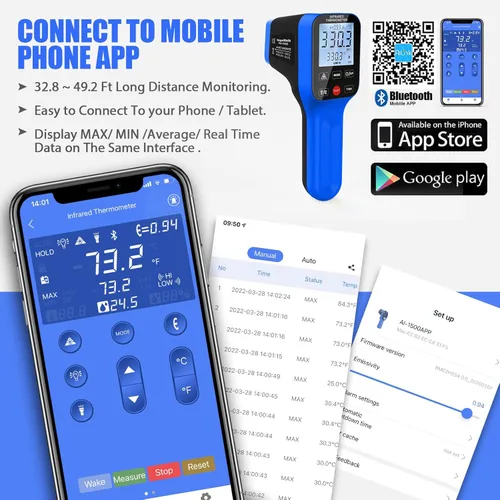 Miniatura 2 de Pirómetro AI-1600APP, -58℉~2912℉ Pistola de termómetro de alta temperatura D: S=30:1 pistola de termómetro IR industrial láser dual con botones