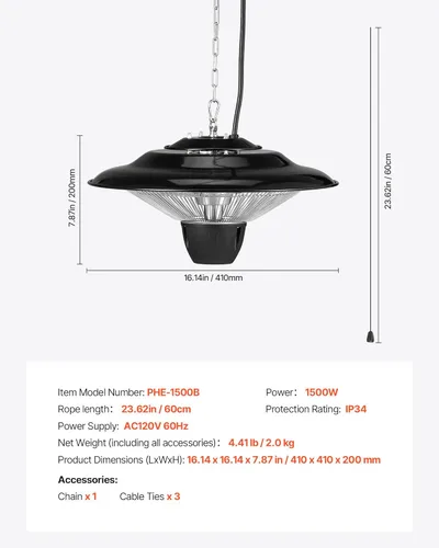 Miniatura 7 de VEVOR Calentador de patio colgante, calentador infrarrojo eléctrico de 1500 W, protección IP34 con cable de tracción de 23.6 pulgadas y cadena